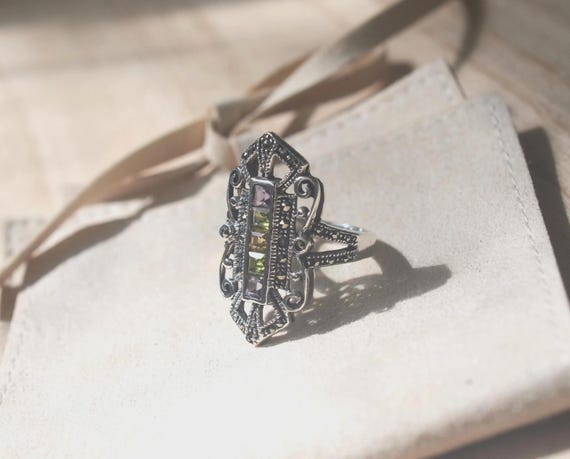 Stylish Multicolor Stone Accent Silver Ring - image 2