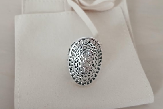 Silver Oval Filigree Statement Ring – Intricate L… - image 1