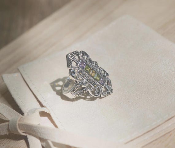 Stylish Multicolor Stone Accent Silver Ring - image 5