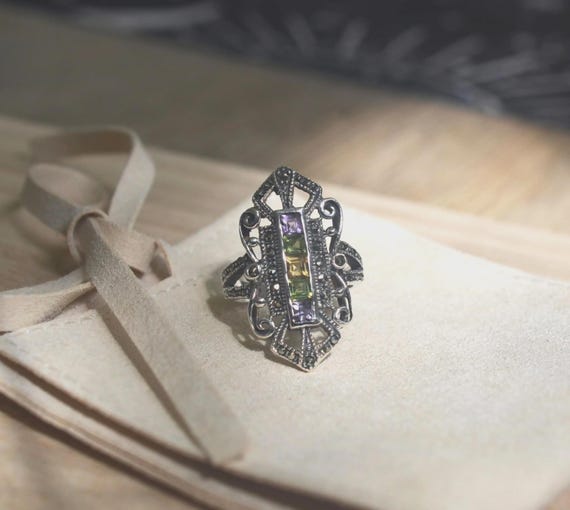 Stylish Multicolor Stone Accent Silver Ring - image 4