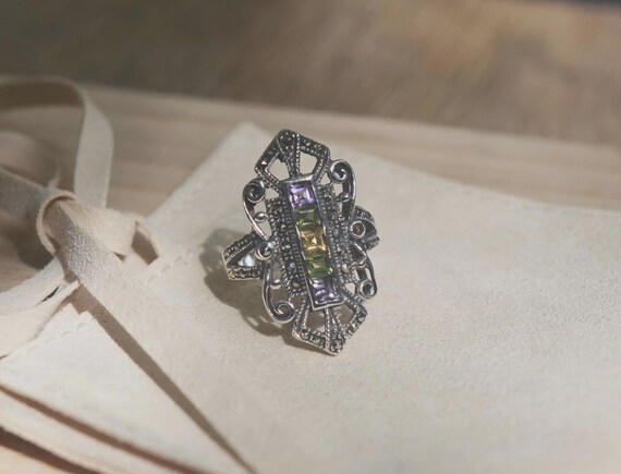 Stylish Multicolor Stone Accent Silver Ring - image 3