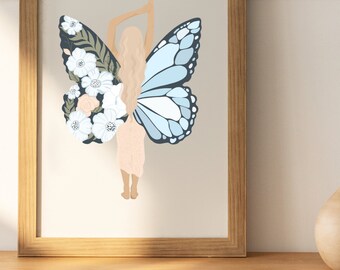 DOWNLOADABLE Spiritual Digital Art Print - METAMORPHOSE | Woman floral butterfly - Healing, feminine, expansion, growth, metamorphosis