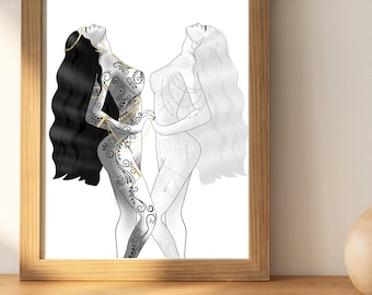 Impression d'art de la dualité : femmes Yin Yang, décoration spirituelle pour la maison (téléchargement numérique)
