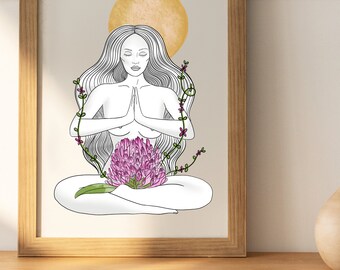 DOWNLOADABLE Spiritual Digital Art Print - Bleeding by the Red Clover moon | Naked, Yoga, Healing, feminine, awakening, love, cycle sync