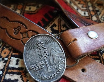 Vintage Sierra Club Environmental Belt Buckle With Leather Belt | 1970s Hand Tooled Leather Belt | Vintage Leather Belt Round Metal Buckle
