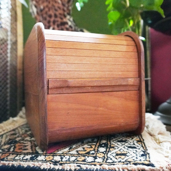 Vintage MCM Danish Modern Tambour Teak Box | 1970s 1960s MCM Wood Decor Desk Top Organizer