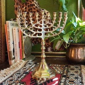 Vintage Brass Menorah Candle Holder: Mid-Century Modern Decor