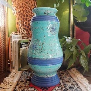 Vintage Rosenthal Netter Pottery Vase: MCM Blue Flower Motif, Italy