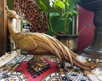 MCM Gold Peacock Statue Hollywood Regency | Mid-Century Syroco Wood Art Nouveau 1960s Movie Prop