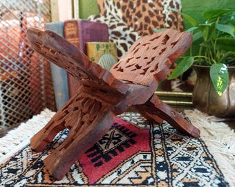 Vintage 1970s Ornate Carved Wood Book Holder | Kitchen Cookbook Holder