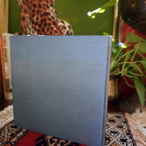 May include: A hardcover book with a light blue cover. The book is standing upright on a patterned rug with a red and beige design. Other books and decorative items are in the background.