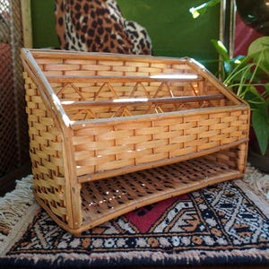 Vintage 1970s Rattan Wicker Bamboo Desk Organizer | Bohemian Decor | Desk Catchall Bohemian Office Decor