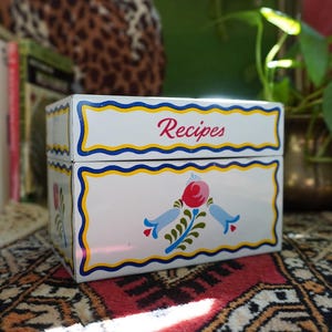 Caixa de receitas vintage dos anos 70 | Decoração de cozinha dos anos 70 | Cartões de receitas de cozinha kitsch | Cozinha dos anos 70 | Caixa de cartões de receitas