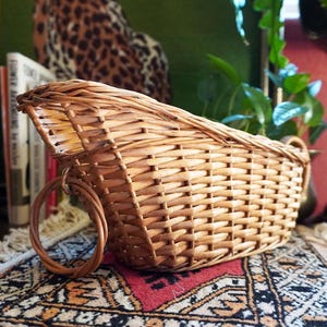 Vintage 1970s Rattan Wicker Basket Wine Bottle Carrier | Vintage Picnic Decor | Bohemian Wine Holder | French Country Decor