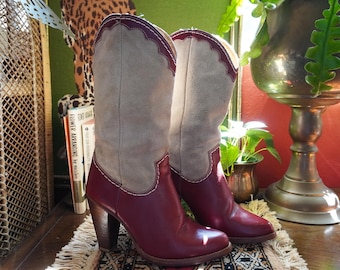 1970s Zodiac Cherry Red & Beige Cowboy Boots | Western Wear | Red Cowboy Boots | Heeled Cowboy Boots Size 5 | Vintage Boots