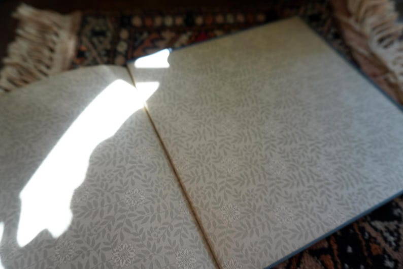 May include: An open book with light-colored pages featuring a delicate, repeating leaf pattern. The book's pages are illuminated by a beam of sunlight, creating a contrast of light and shadow. The book is resting on a patterned rug.