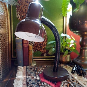 Puede incluir: Lámpara de escritorio marrón con cuello flexible y base redonda. La lámpara tiene un interior blanco y una etiqueta que dice "60 watt max". La lámpara está sobre una pequeña alfombra con centro rojo y bordes con flecos. Un cuadro de un leopardo está al fondo.