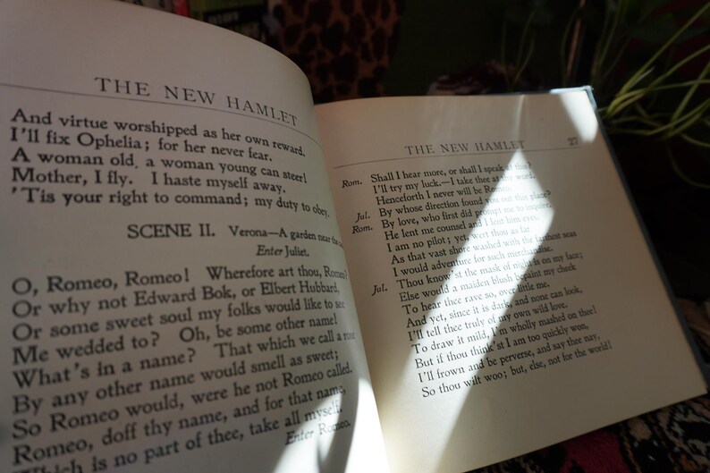 May include: Open book displaying text from Shakespeare's "The New Hamlet." The pages are aged, with visible text and a soft, natural light illuminating the scene. The book is open to a scene with dialogue.