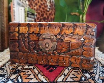 Vintage Intricately Carved Camphor Wood Box | Hand Carved Solid Comphor Wood Brass Hinged Vintage Wood Keepsake Box 60s 50s Carved Wood Box