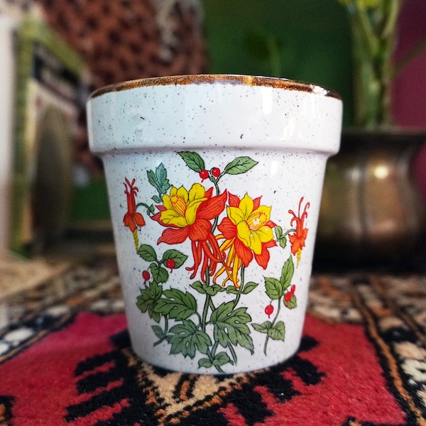 Vintage Flower Japan Stoneware Small Planter | 70s Planter