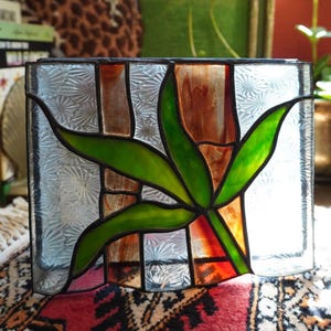 Vintage 1970s Stained Glass Bamboo Leaf Jewelry Box