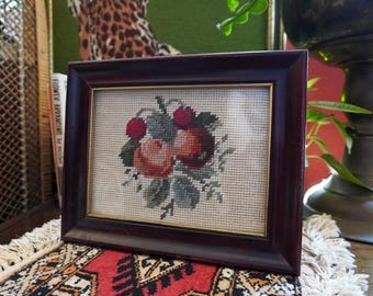 Vintage Framed Needlepoint Art: Moody Mixed Fruit Embroidery