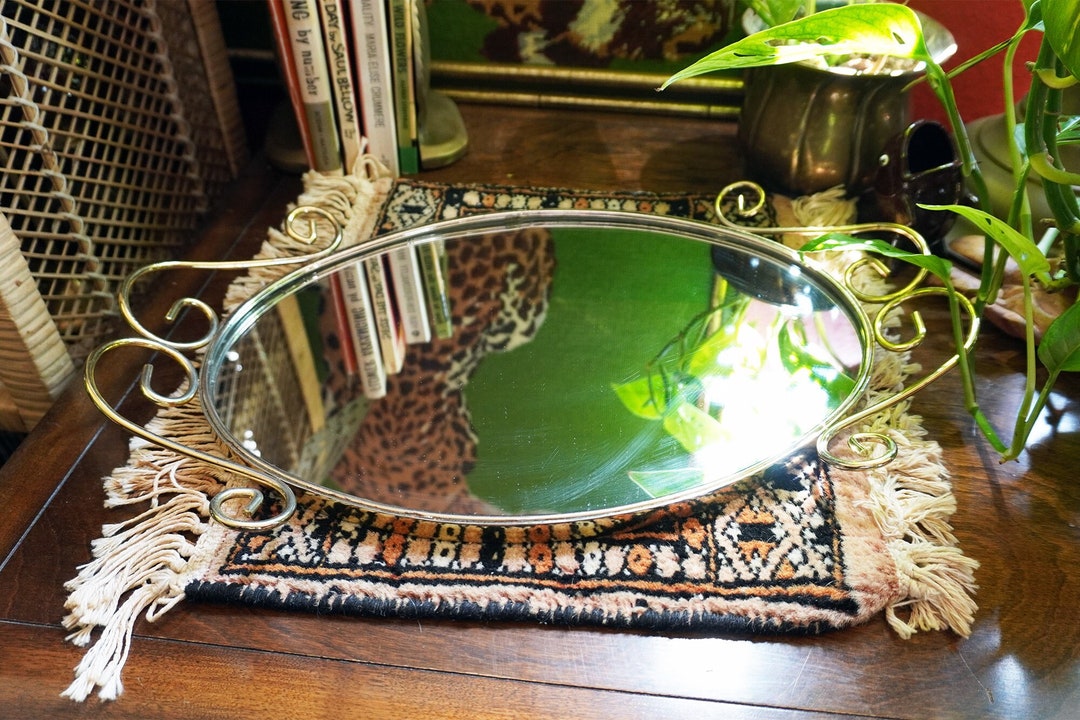 Vintage 1960s Gold Oval Vanity Mirror Tray Hollywood Regency Brass
