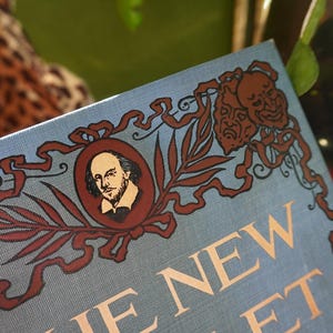 May include: A close-up of a book cover with the title "THE NEW FOLIO" in gold lettering. The cover is light blue with decorative brown illustrations, including a portrait of William Shakespeare.