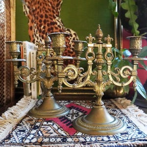 Mid 19th Century Brass Candelabras Made In Italy | Old World Brass Candelabras Set Gothic Victorian Decor | Ornate Florentine Candelabra