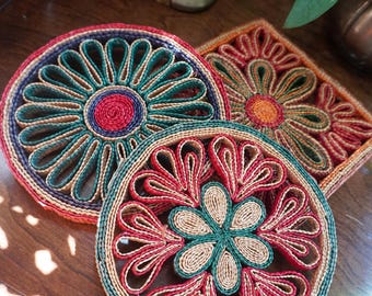 Vintage 1970s Colorful Rattan Trivets | Bohemian Kitchen Decor