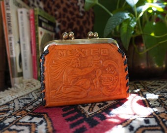 Vintage 70s Aztec Tooled Leather Wallet | Bohemian Leather Coin Purse | Vintage Leather Rodeo Western | 1970s Mexican Tooled Leather