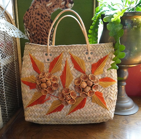 Vintage 70s Woven Straw Floral Beach Tote Bag - Gem