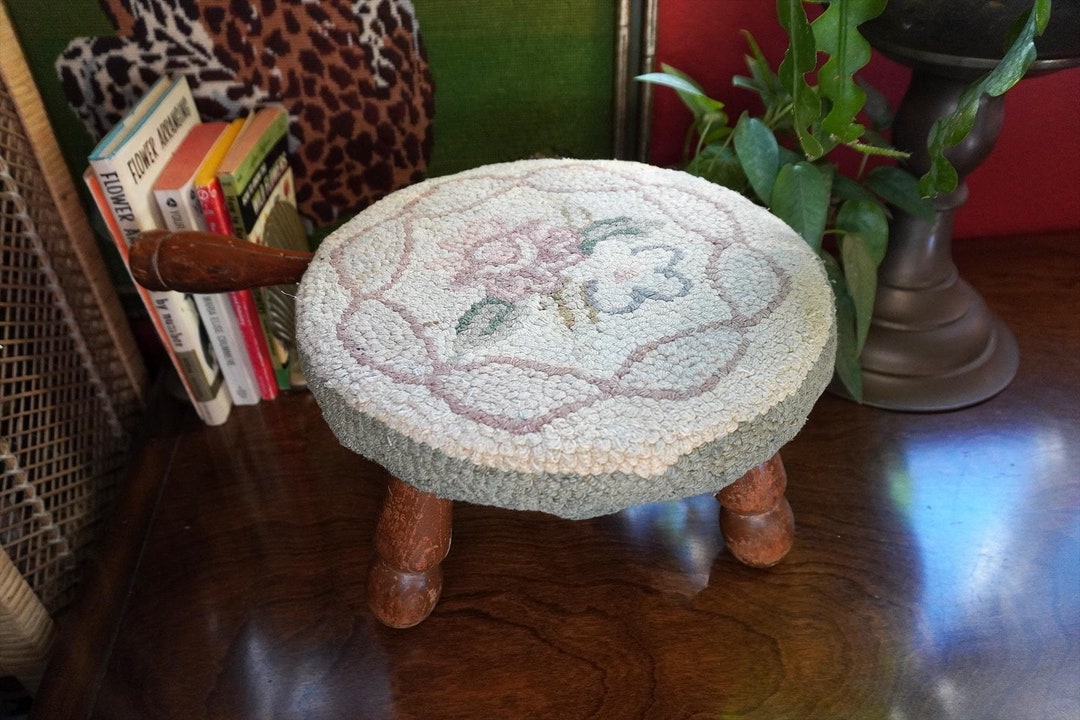 Vintage Milk Stool With Flower Hooked Rug Top | Rustic Home Decor ...