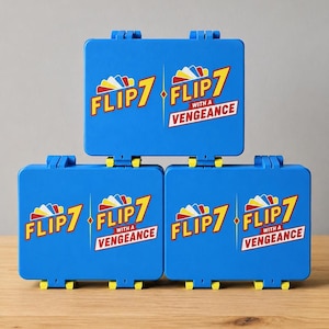 May include: Three rectangular blue plastic cases stacked in a pyramid formation. Each case features a colorful graphic logo with the text FLIP 7 and FLIP 7 WITH A VENGEANCE in yellow and white lettering, accented by small yellow hinges at the base.