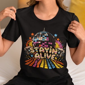 Bee Gees Inspired Stayin&#39; Alive T-Shirt, Retro Vintage Records Tee, Barry Gibb Tribute, Gift for Bee Gees Fan