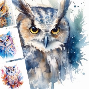Watercolor Wise Owl Printable Art - Digital Design Bundle of 10 - Commercial Use - Crafting Bundle