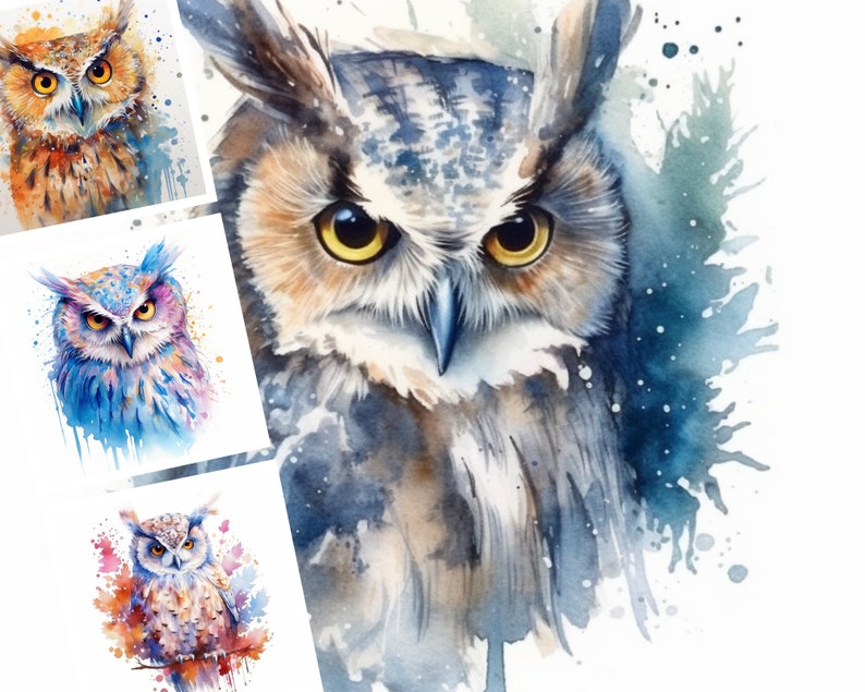 Washed Owl Watercolor Wise Owl Printable Art - Digital Design Bundle of 10 ...
