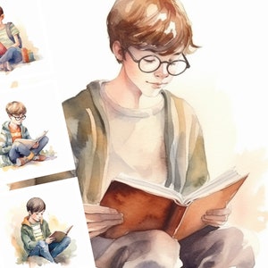 Boy Lost in a Book Clip Art - Digital Design Bundle of 10 - Instant Download