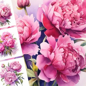 Watercolor Pink Peony Printable Art - Digital Design Bundle of 10 - Commercial Use - Crafting Bundle