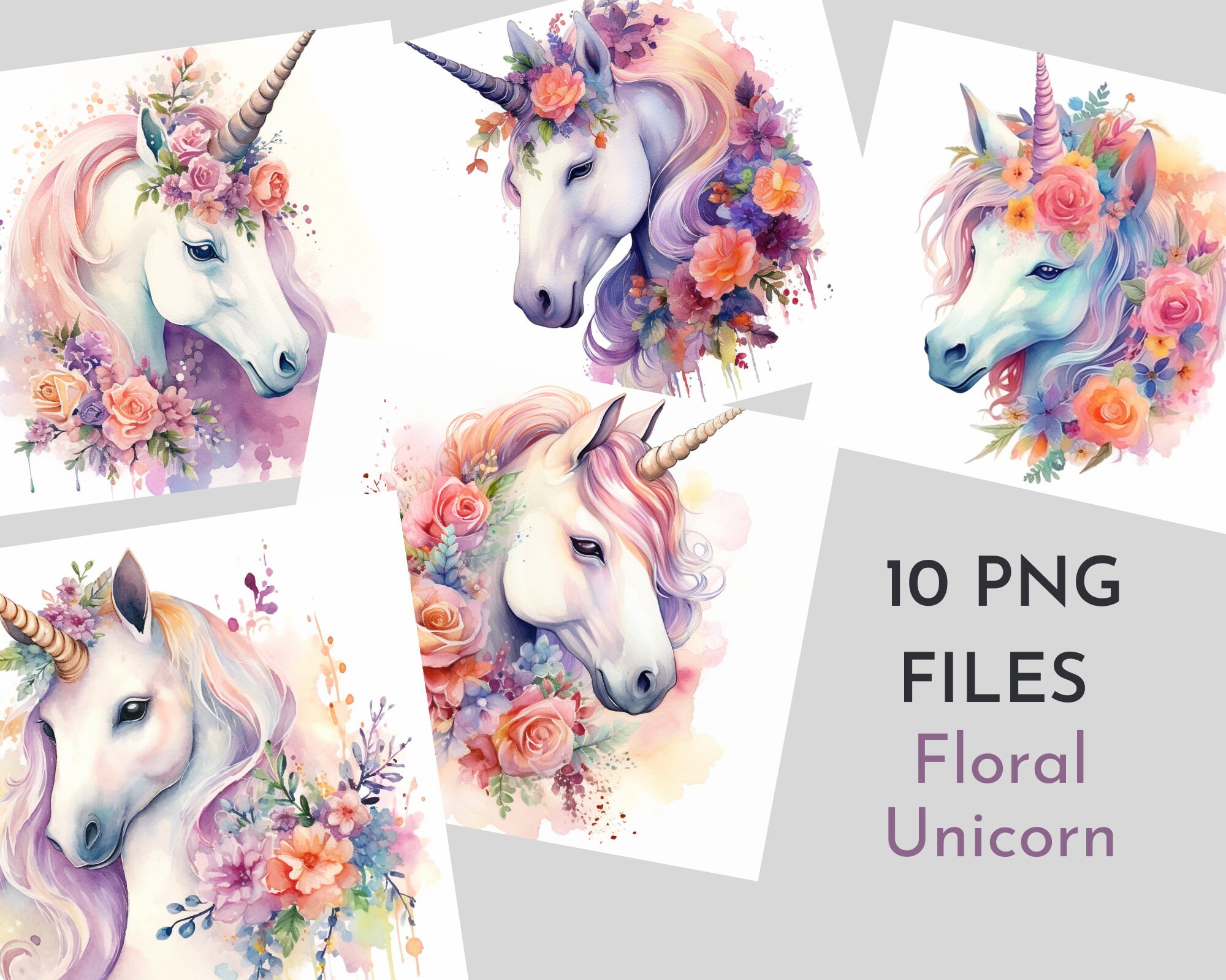 Watercolor Floral Unicorn Printable Art - 10 PNG Files - Instant ...