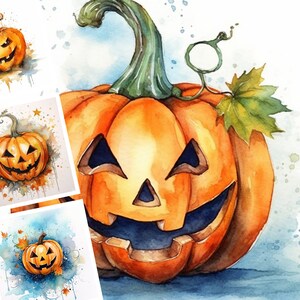 Watercolor Halloween Pumpkin Printable Art - Digital Design Bundle of 10 - Commercial Use - Crafting Bundle