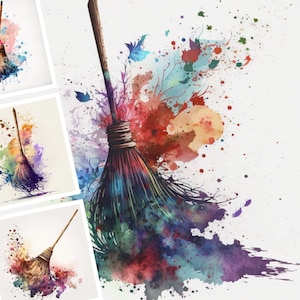 Watercolor Magical Broom Clip Art -  10 JPG Files Background  - Instant Download - Printable Wall Art