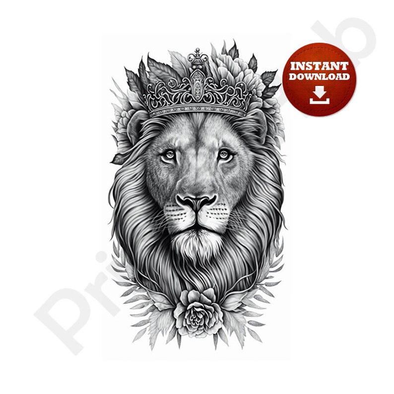 Best Crowned Lion Tattoo Stencil Portrait Royal King Lion in Crown With