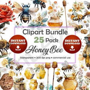 Best Honeybee Clipart Bundle Spring Garden Bee Honey Watercolor Art No Background Transparent PNG High Quality Print Images Commercial Use