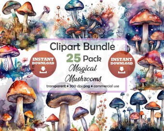 Watercolor Magical Mushrooms Clipart Bundle Trippy Mystical Magic Occult No Background Transparent PNG High Quality Images Commercial Use