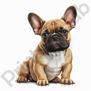 May include: A brown and white French bulldog puppy sitting with its ears perked up and looking directly at the camera.