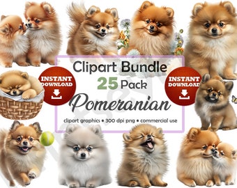 May include: A digital clipart bundle of 25 adorable Pomeranian dog illustrations. The illustrations feature various poses and expressions of the dogs, including sleeping, playing, and sitting. The clipart is perfect for creating digital projects, such as greeting cards, invitations, and social media graphics.