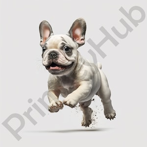 May include: A white and black French bulldog puppy jumps in mid-air with its mouth open and tongue sticking out. The puppy is against a white background.