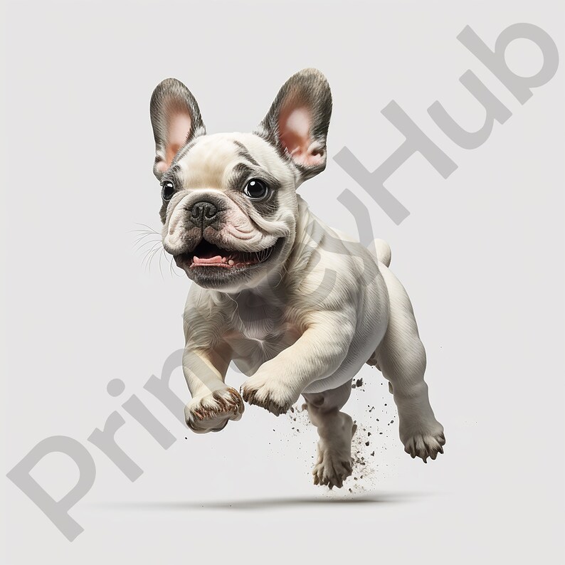 May include: A white and black French bulldog puppy jumps in mid-air with its mouth open and tongue sticking out. The puppy is against a white background.