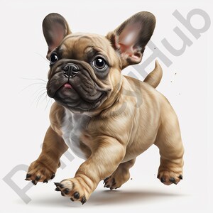 May include: A fawn-colored French bulldog puppy with large, dark eyes and a pink tongue is running towards the camera with its ears perked up.